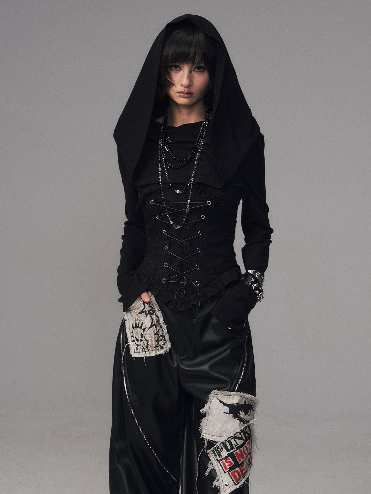 Frustration Garden Slim Fit Gothic Hooded Jacquard Patchwork Tie Women Black Long Sleeve T-Shirts