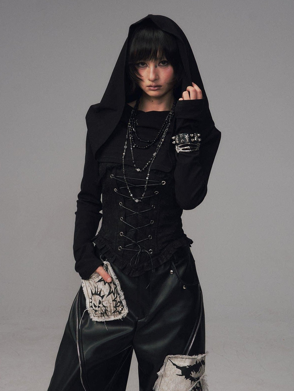 Frustration Garden Slim Fit Gothic Hooded Jacquard Patchwork Tie Women Black Long Sleeve T-Shirts