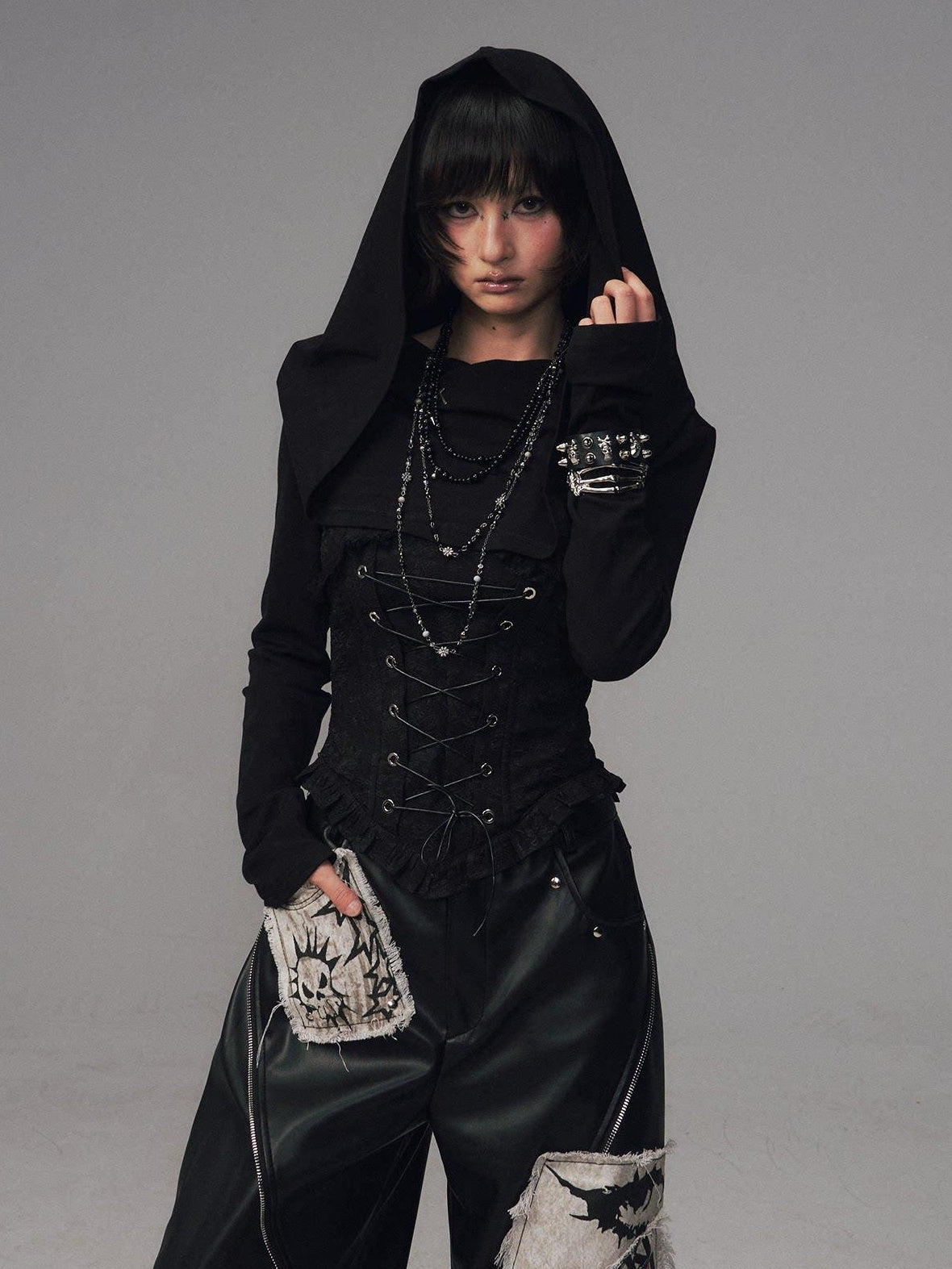 Frustration Garden Slim Fit Gothic Hooded Jacquard Patchwork Tie Women Black Long Sleeve T-Shirts