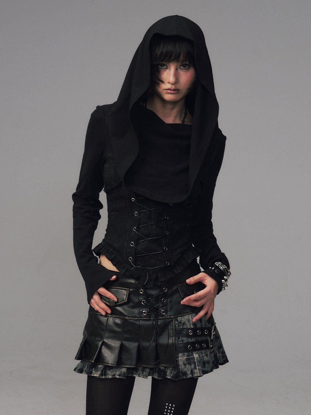 Frustration Garden Slim Fit Gothic Hooded Jacquard Patchwork Tie Women Black Long Sleeve T-Shirts