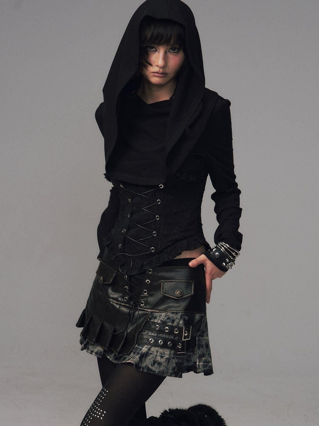 Frustration Garden Slim Fit Gothic Hooded Jacquard Patchwork Tie Women Black Long Sleeve T-Shirts