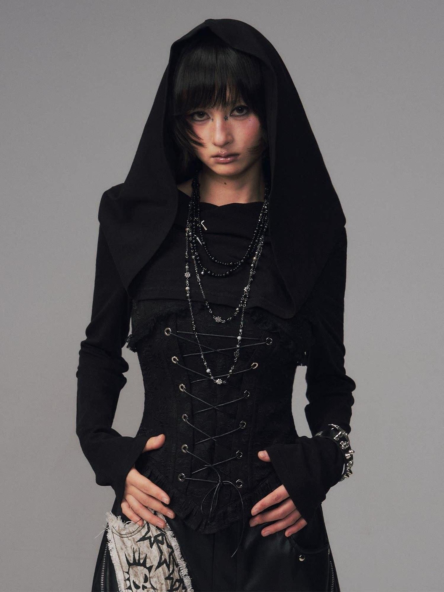 Frustration Garden Slim Fit Gothic Hooded Jacquard Patchwork Tie Women Black Long Sleeve T-Shirts