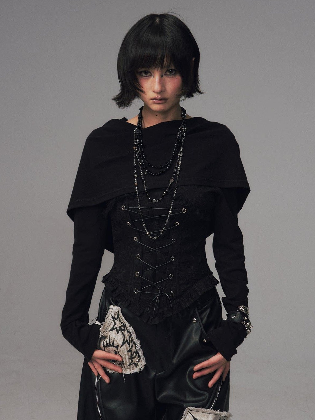 Frustration Garden Slim Fit Gothic Hooded Jacquard Patchwork Tie Women Black Long Sleeve T-Shirts