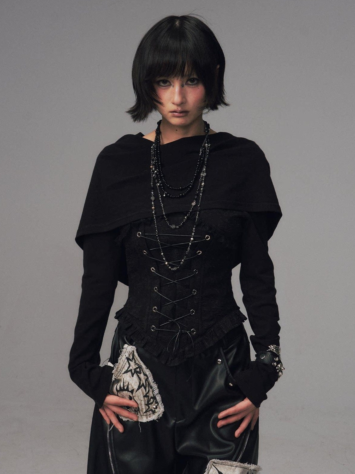 Frustration Garden Slim Fit Gothic Hooded Jacquard Patchwork Tie Women Black Long Sleeve T-Shirts