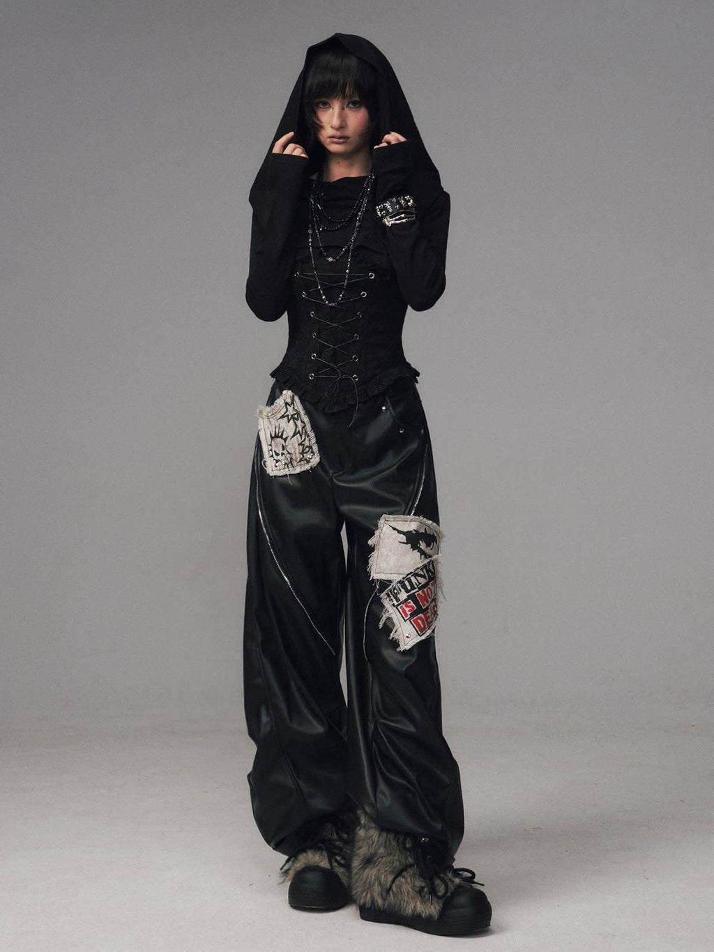 Frustration Garden Slim Fit Gothic Hooded Jacquard Patchwork Tie Women Black Long Sleeve T-Shirts