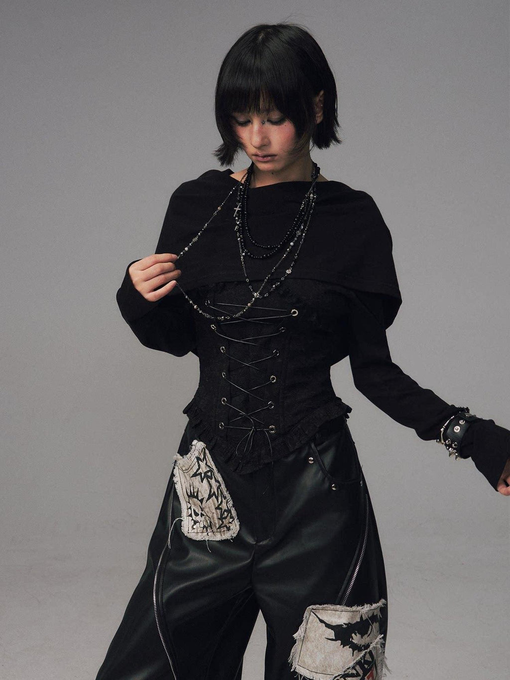 Frustration Garden Slim Fit Gothic Hooded Jacquard Patchwork Tie Women Black Long Sleeve T-Shirts