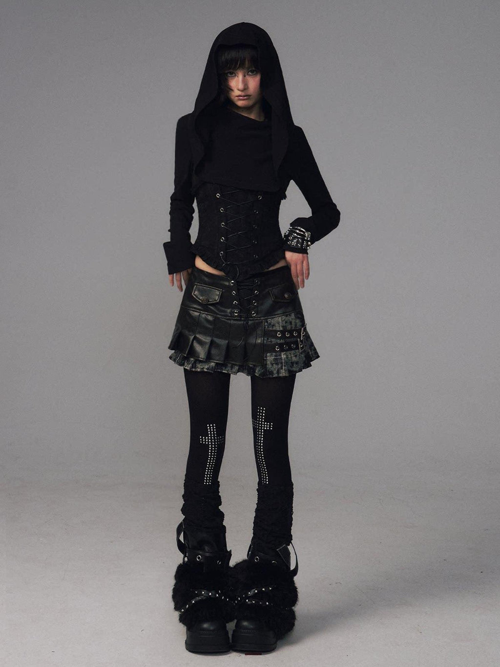 Frustration Garden Slim Fit Gothic Hooded Jacquard Patchwork Tie Women Black Long Sleeve T-Shirts