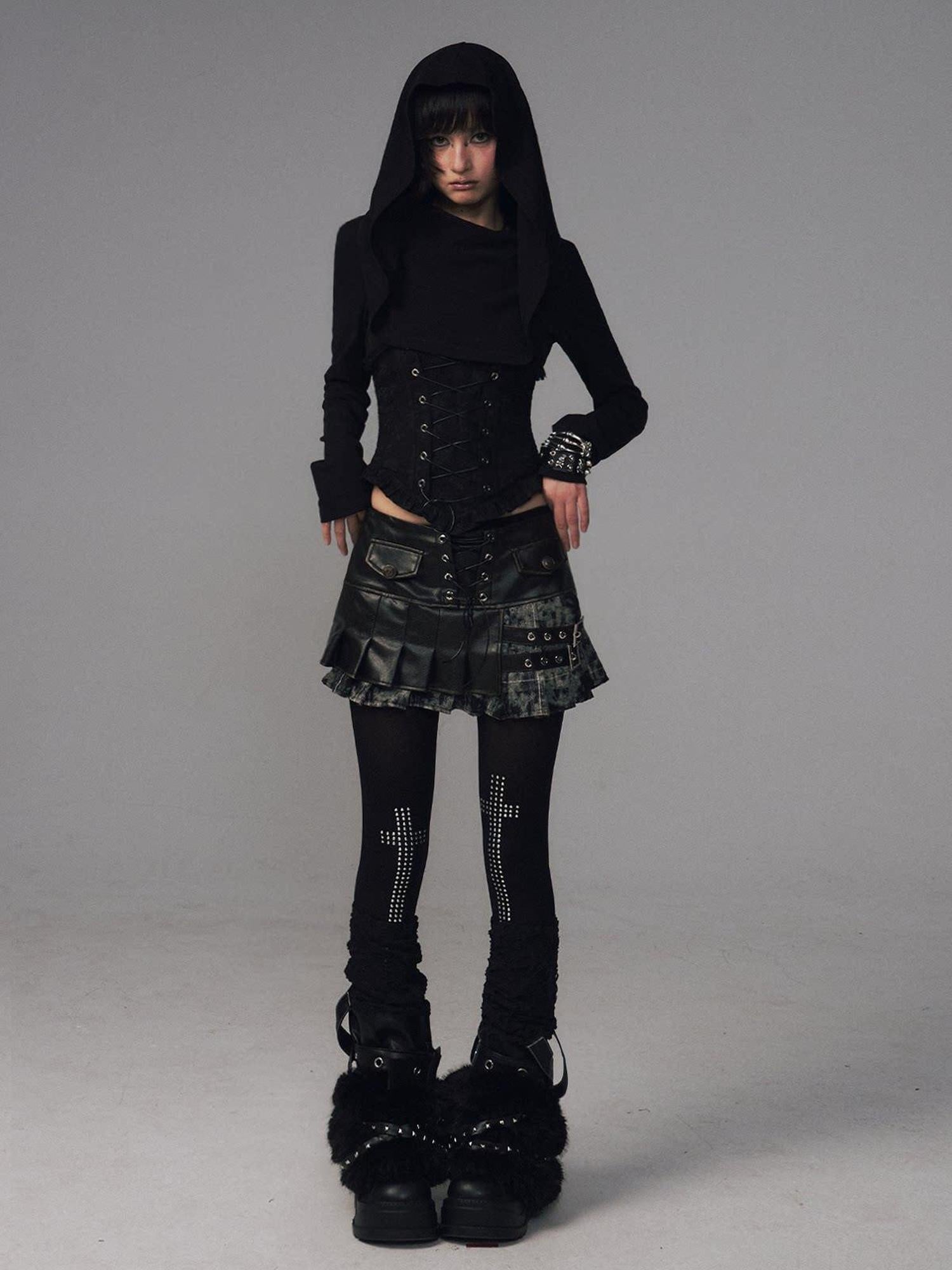 Frustration Garden Slim Fit Gothic Hooded Jacquard Patchwork Tie Women Black Long Sleeve T-Shirts