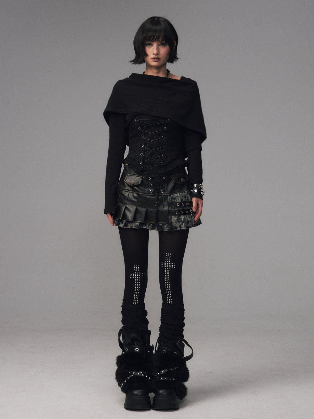 Frustration Garden Slim Fit Gothic Hooded Jacquard Patchwork Tie Women Black Long Sleeve T-Shirts