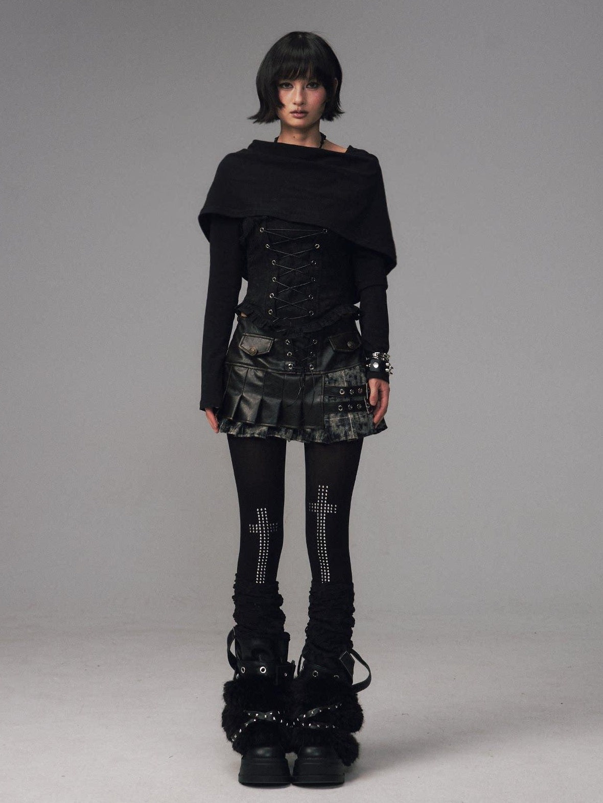Frustration Garden Slim Fit Gothic Hooded Jacquard Patchwork Tie Women Black Long Sleeve T-Shirts