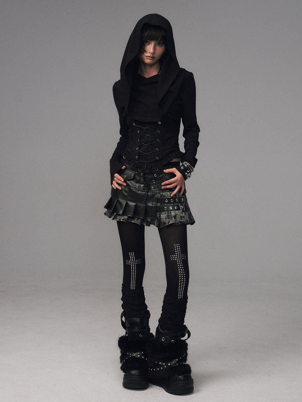 Frustration Garden Slim Fit Gothic Hooded Jacquard Patchwork Tie Women Black Long Sleeve T-Shirts