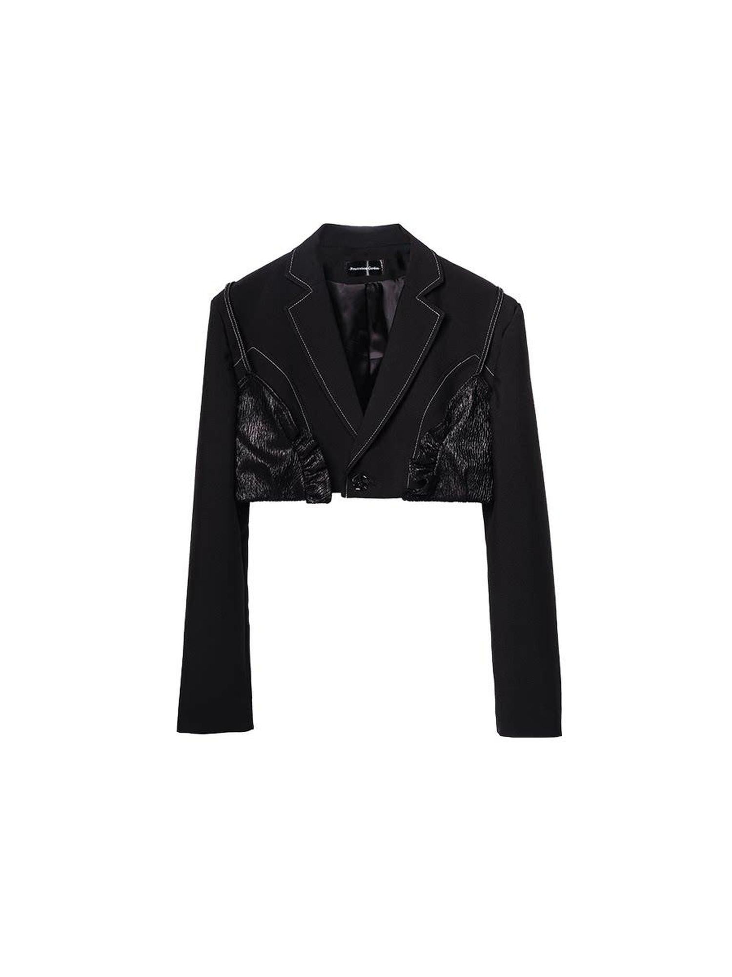 Frustration Garden Slim Unique Notched Lapel Black Button Longsleeve Stretch Blend Cropped Jackets