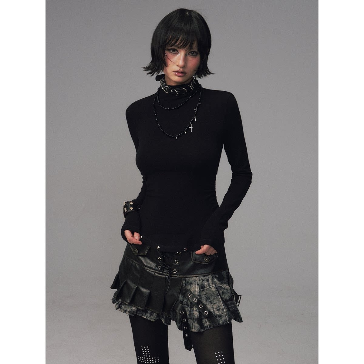 Frustration_Garden_Soft_Warm_Slim_Studded_Cinched_Waist_Mock_Neck_Women_Solid_Long_Sleeve_T-Shirts_MISSTT