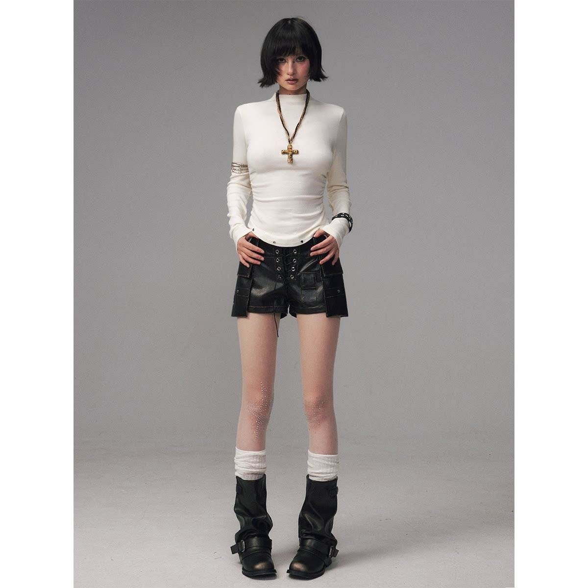 Frustration_Garden_Soft_Warm_Slim_Studded_Cinched_Waist_Mock_Neck_Women_Solid_Long_Sleeve_T-Shirts_MISSTT