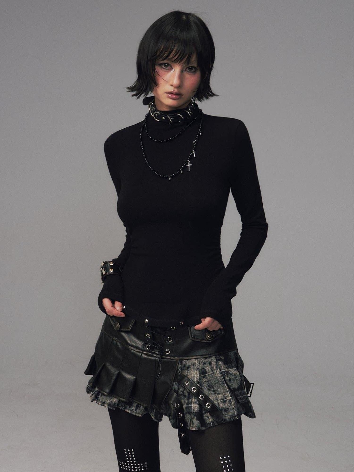 Frustration Garden Soft Warm Slim Studded Cinched Waist Mock Neck Women Solid Long Sleeve T-Shirts