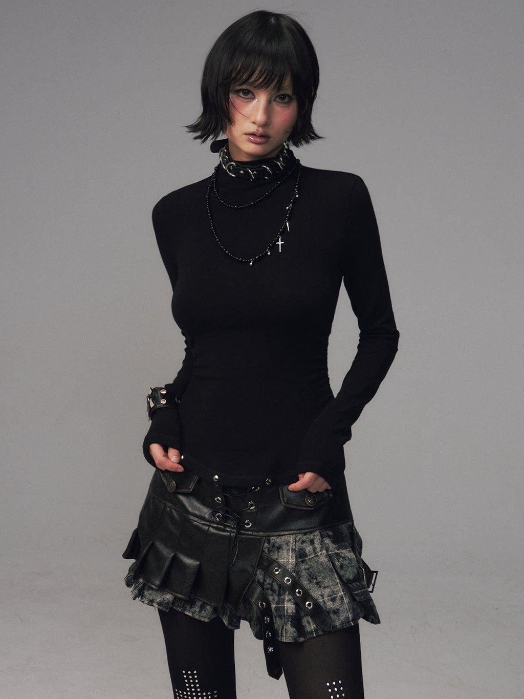 Frustration Garden Soft Warm Slim Studded Cinched Waist Mock Neck Women Solid Long Sleeve T-Shirts