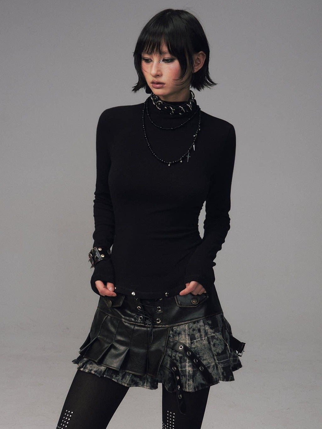 Frustration Garden Soft Warm Slim Studded Cinched Waist Mock Neck Women Solid Long Sleeve T-Shirts