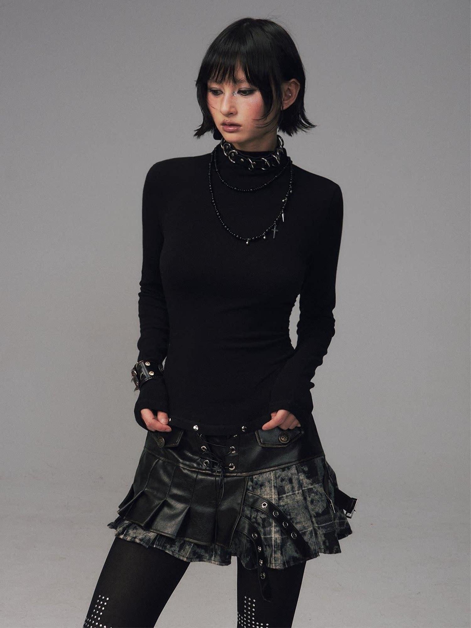 Frustration Garden Soft Warm Slim Studded Cinched Waist Mock Neck Women Solid Long Sleeve T-Shirts