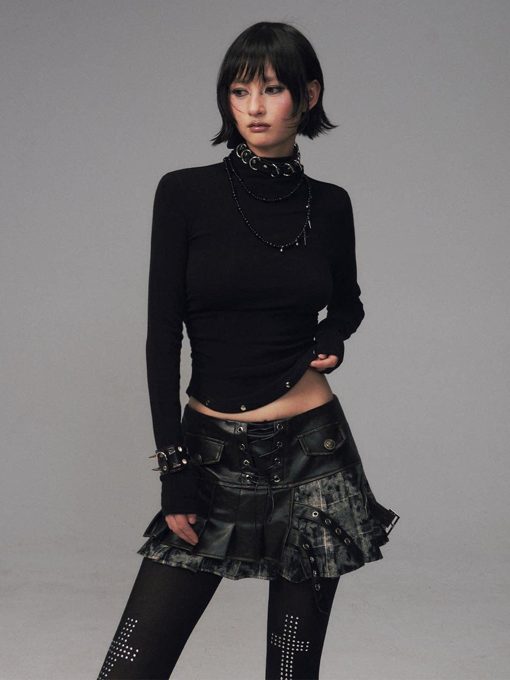 Frustration Garden Soft Warm Slim Studded Cinched Waist Mock Neck Women Solid Long Sleeve T-Shirts
