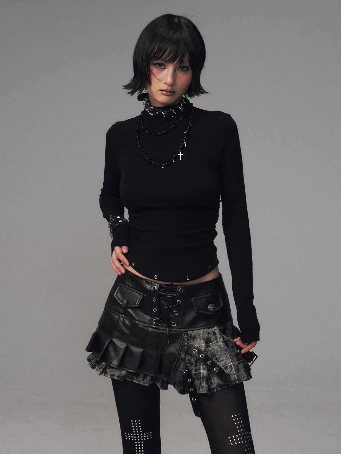 Frustration Garden Soft Warm Slim Studded Cinched Waist Mock Neck Women Solid Long Sleeve T-Shirts