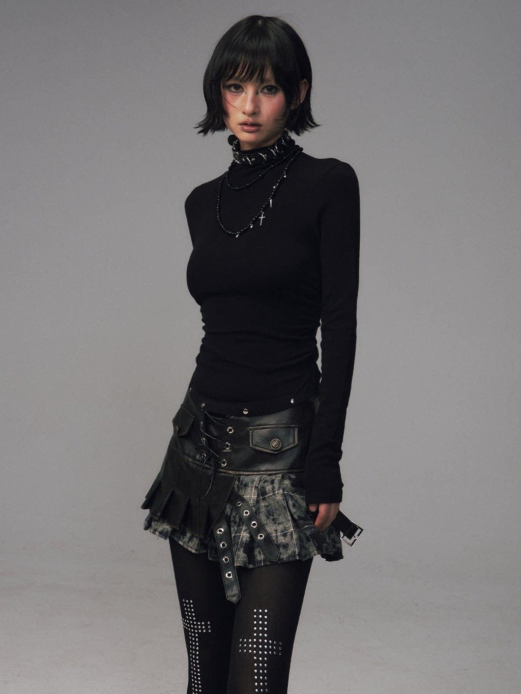 Frustration Garden Soft Warm Slim Studded Cinched Waist Mock Neck Women Solid Long Sleeve T-Shirts