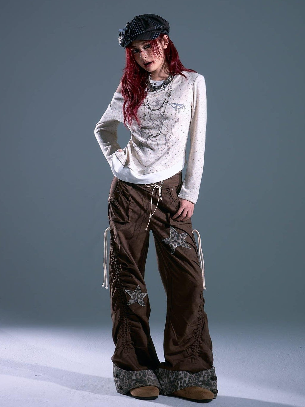 Frustration Garden Star Patch Pocket Asymmetrical Casual Women Elastic Waist Brown Wide-Leg Pants