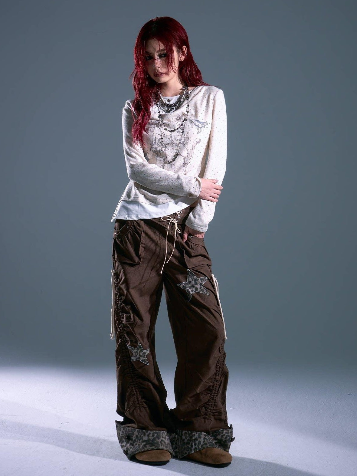 Frustration Garden Star Patch Pocket Asymmetrical Casual Women Elastic Waist Brown Wide-Leg Pants