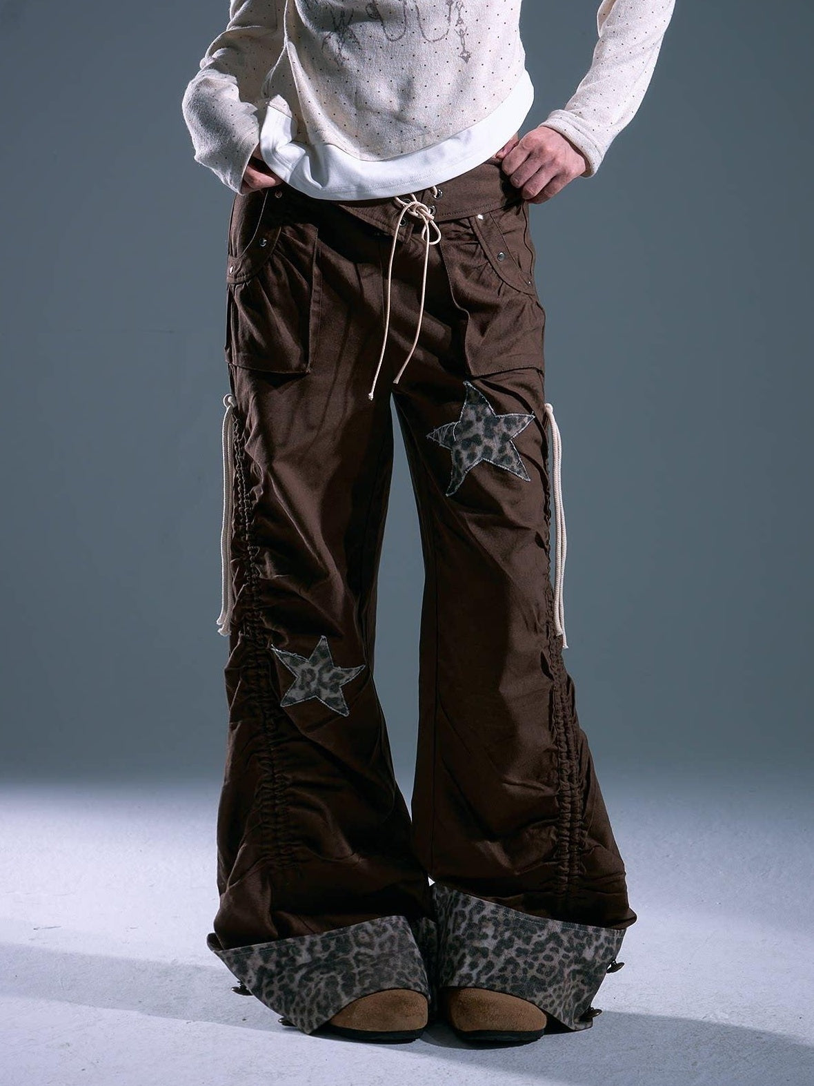 Frustration Garden Star Patch Pocket Asymmetrical Casual Women Elastic Waist Brown Wide-Leg Pants