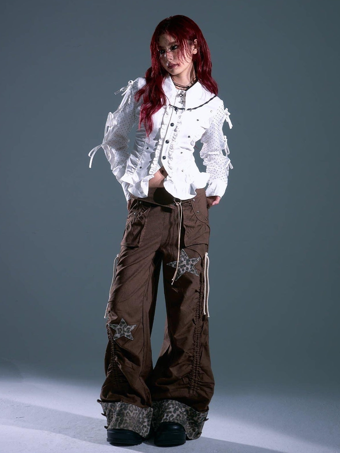 Frustration Garden Star Patch Pocket Asymmetrical Casual Women Elastic Waist Brown Wide-Leg Pants