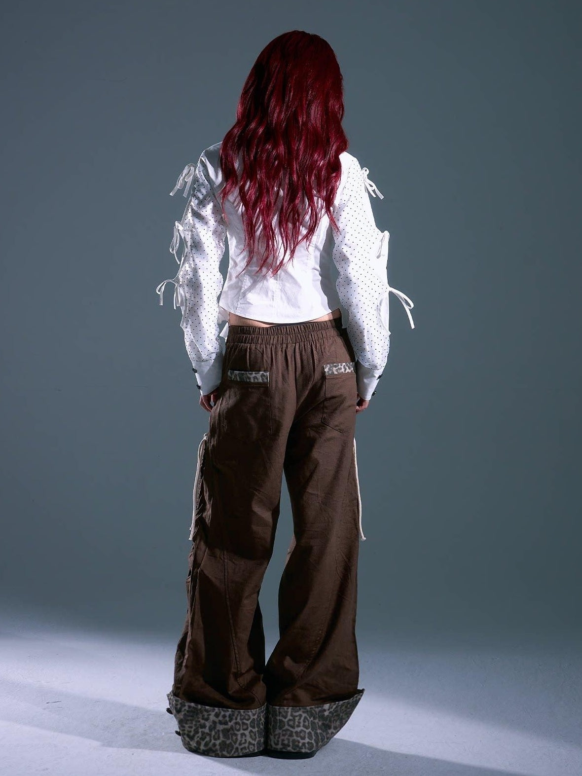 Frustration Garden Star Patch Pocket Asymmetrical Casual Women Elastic Waist Brown Wide-Leg Pants