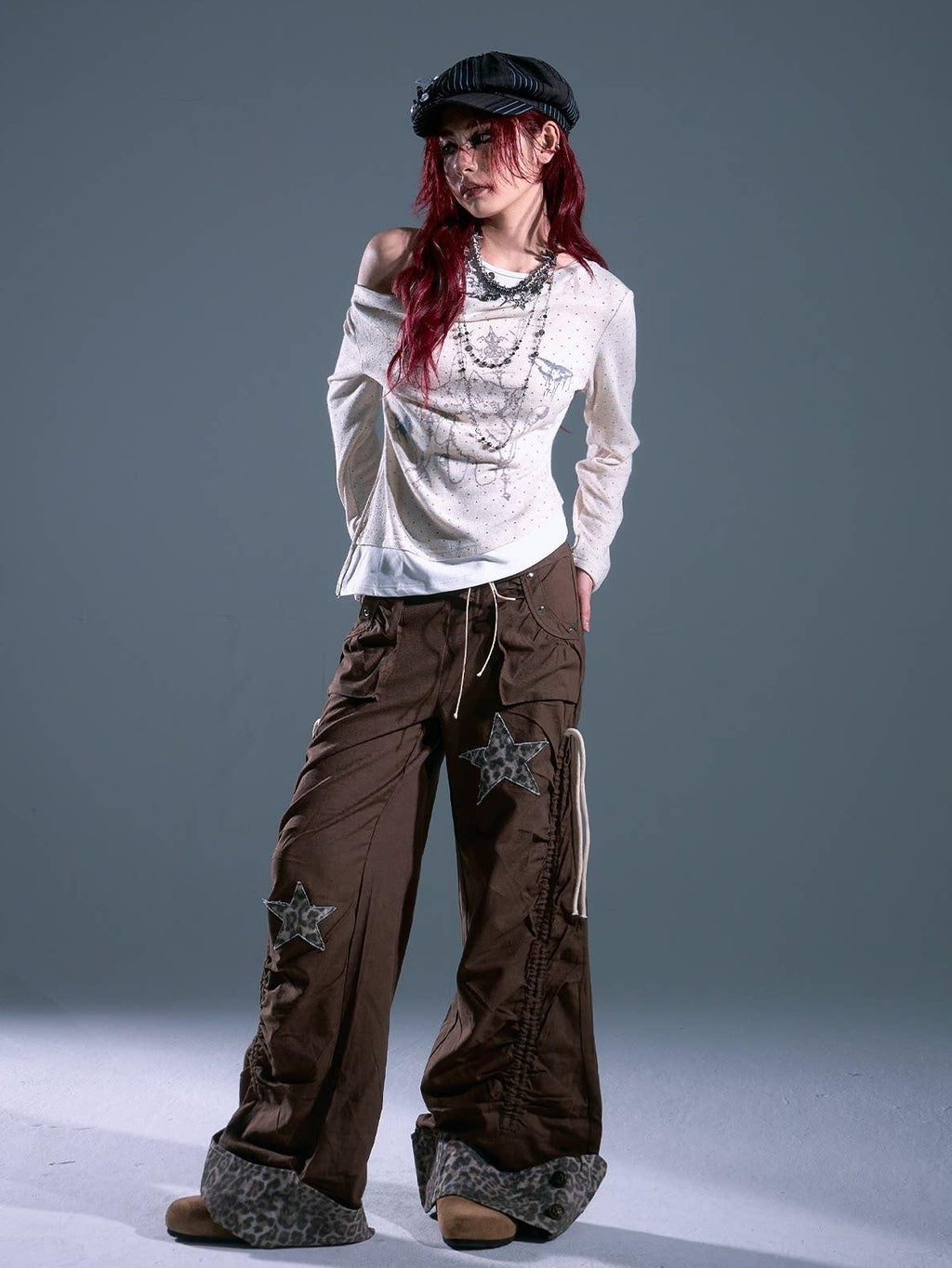 Frustration Garden Star Patch Pocket Asymmetrical Casual Women Elastic Waist Brown Wide-Leg Pants