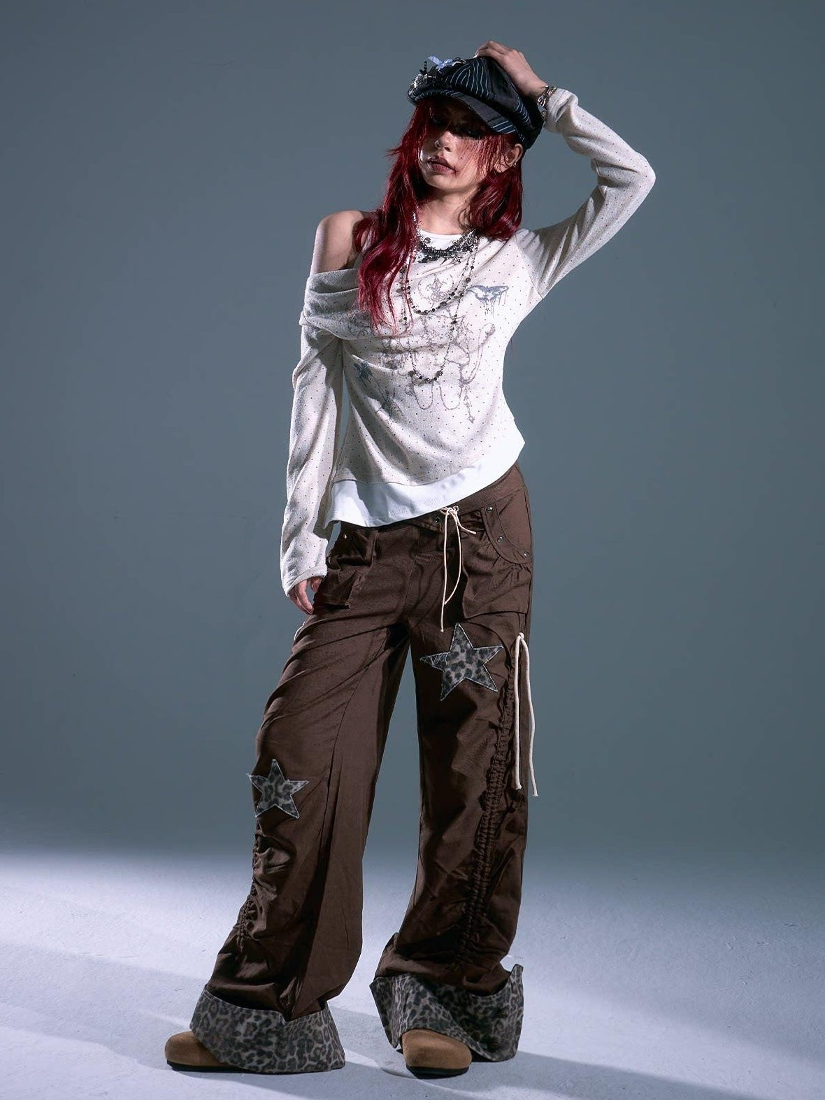 Frustration Garden Star Patch Pocket Asymmetrical Casual Women Elastic Waist Brown Wide-Leg Pants