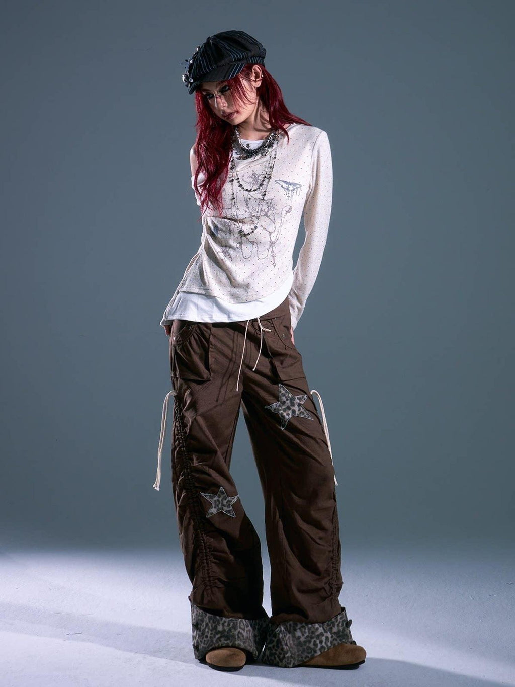 Frustration Garden Star Patch Pocket Asymmetrical Casual Women Elastic Waist Brown Wide-Leg Pants
