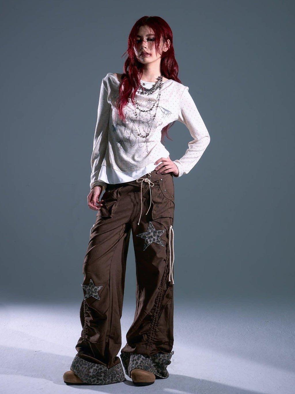 Frustration Garden Star Patch Pocket Asymmetrical Casual Women Elastic Waist Brown Wide-Leg Pants
