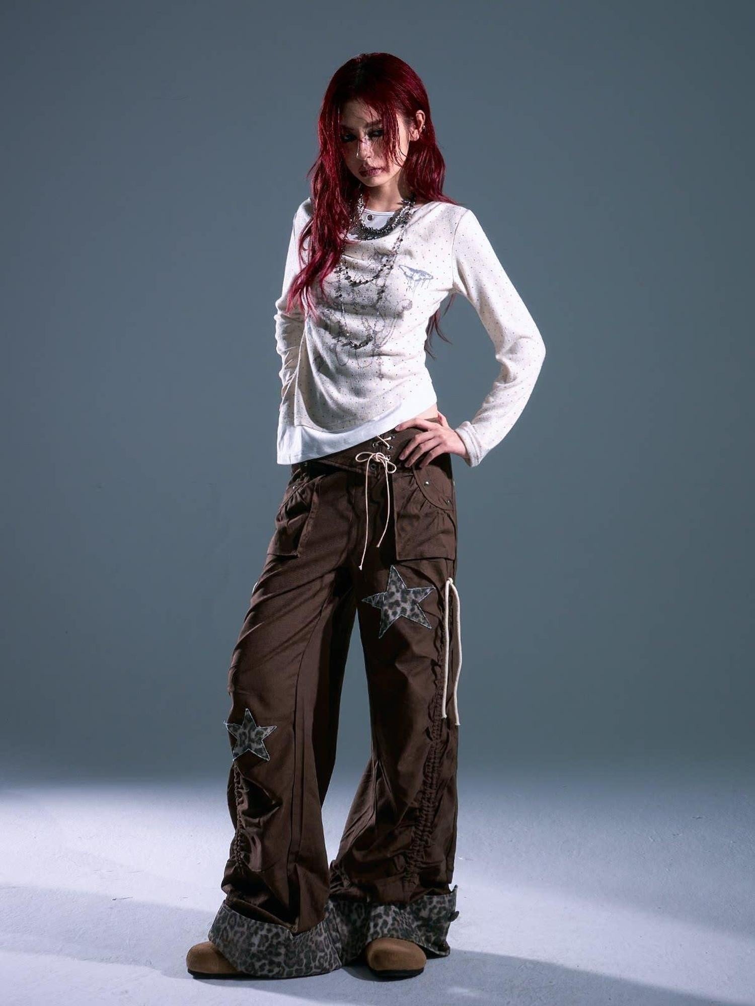 Frustration Garden Star Patch Pocket Asymmetrical Casual Women Elastic Waist Brown Wide-Leg Pants
