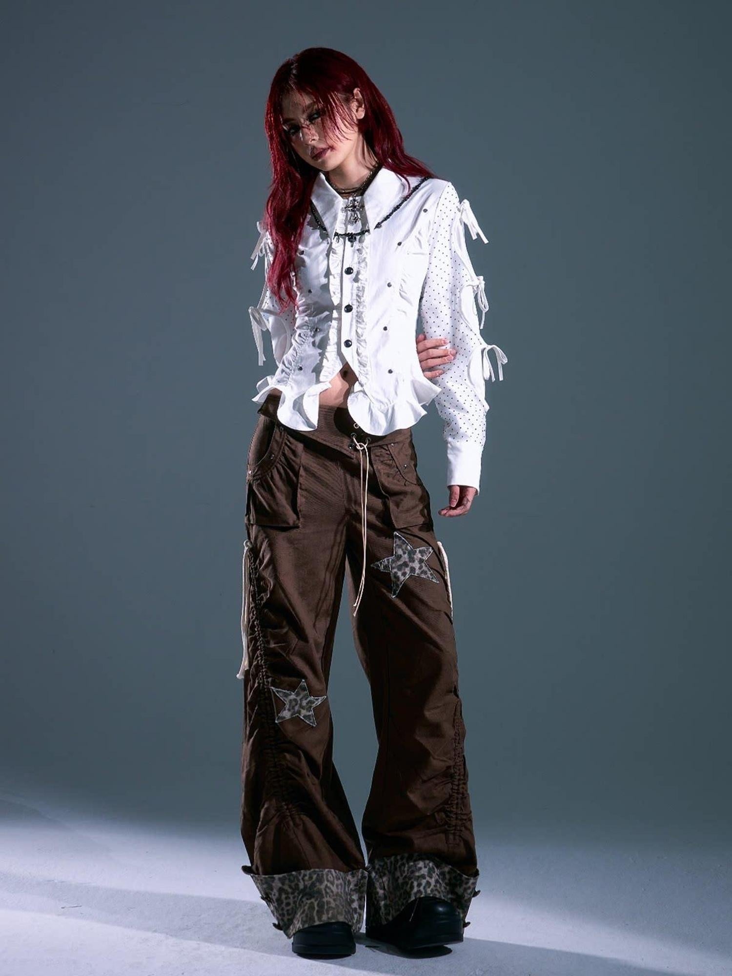 Frustration Garden Star Patch Pocket Asymmetrical Casual Women Elastic Waist Brown Wide-Leg Pants
