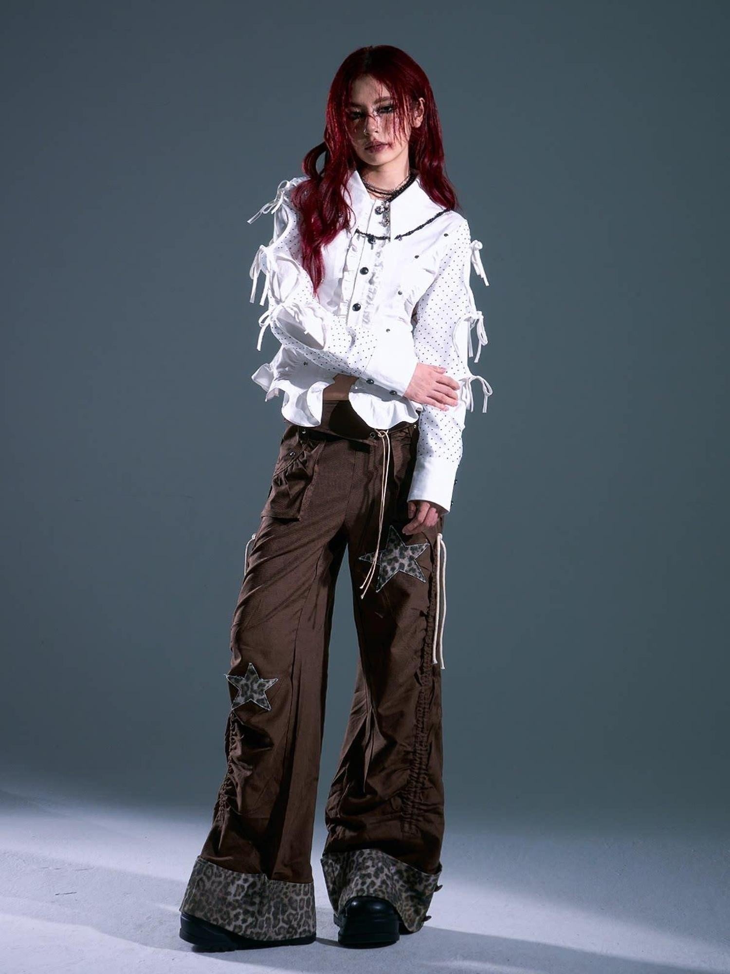 Frustration Garden Star Patch Pocket Asymmetrical Casual Women Elastic Waist Brown Wide-Leg Pants