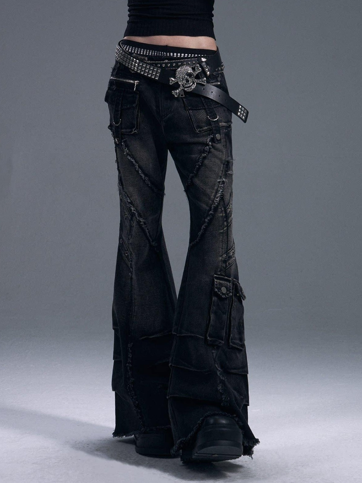 Frustration Garden Street Washed Low Rise Slim Fit Women Dark Grey Denim Button Fly Flare Jeans