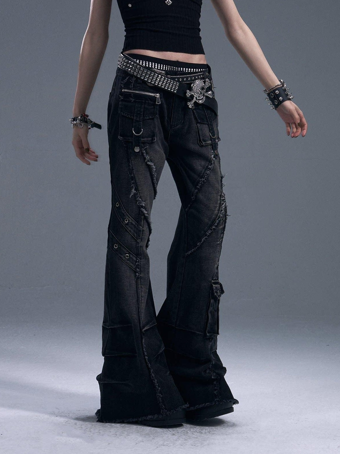 Frustration Garden Street Washed Low Rise Slim Fit Women Dark Grey Denim Button Fly Flare Jeans