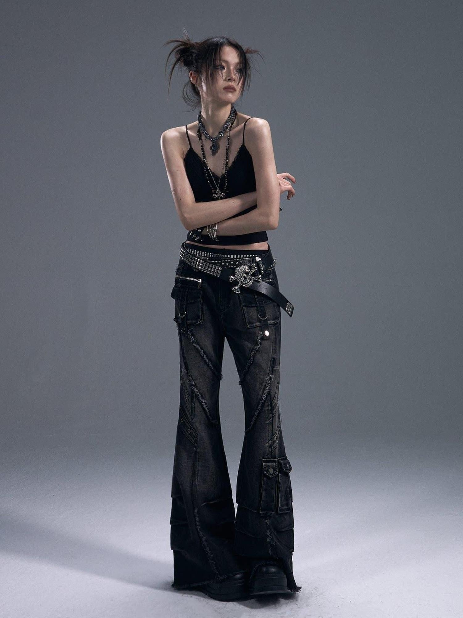 Frustration Garden Street Washed Low Rise Slim Fit Women Dark Grey Denim Button Fly Flare Jeans