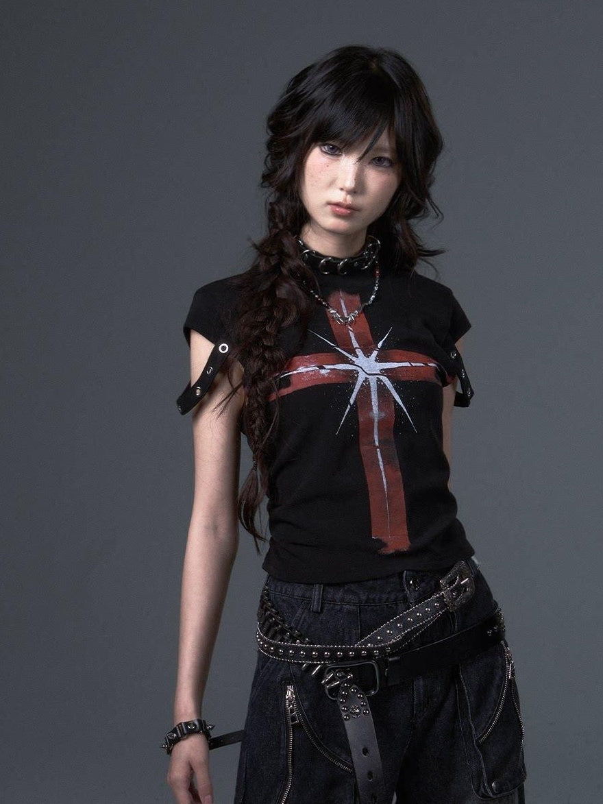 Frustration Garden Stretch Cotton Slim Fit Punk Drawstring Cross Print Women Short Sleeve T-Shirts