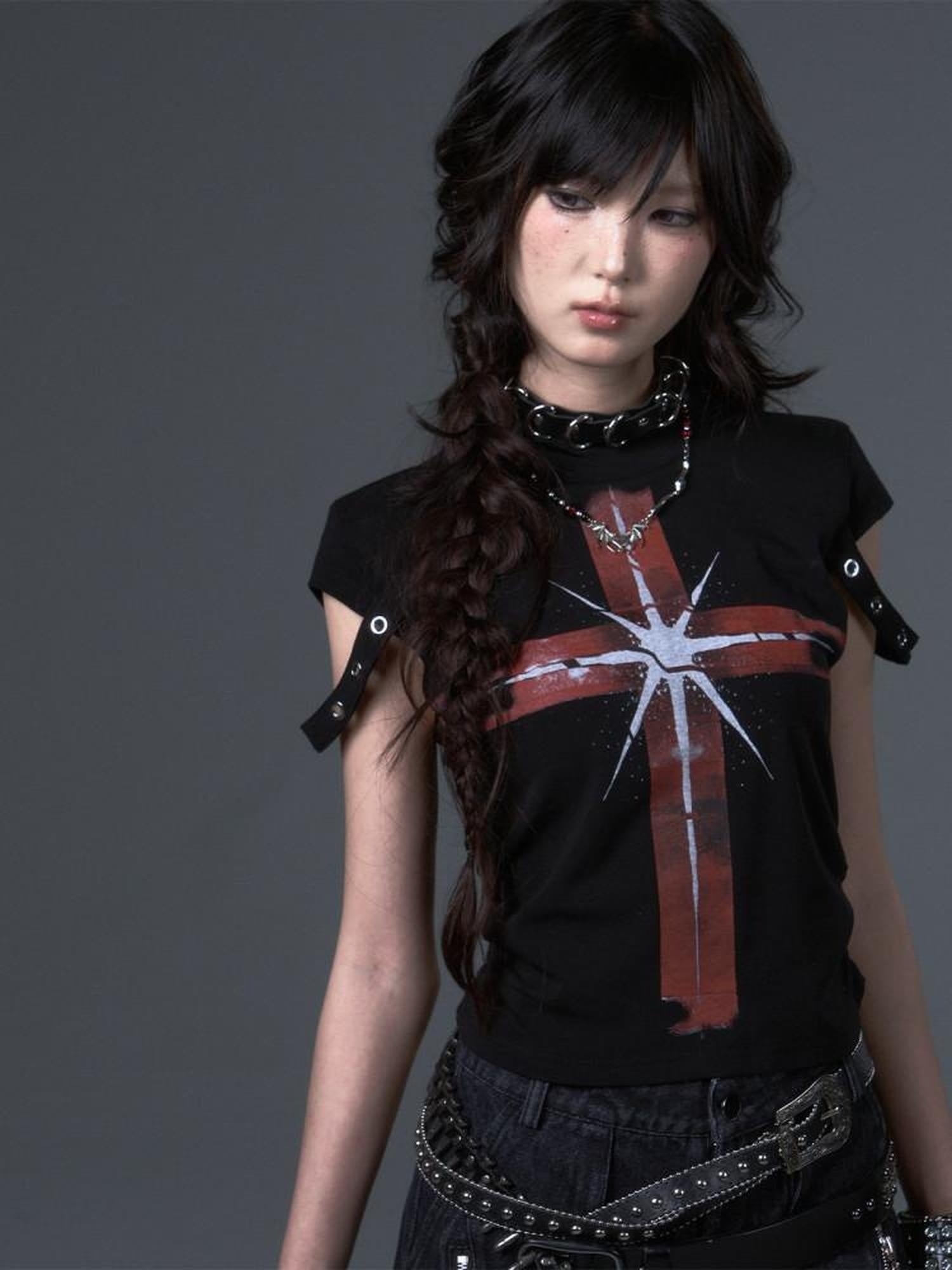 Frustration Garden Stretch Cotton Slim Fit Punk Drawstring Cross Print Women Short Sleeve T-Shirts
