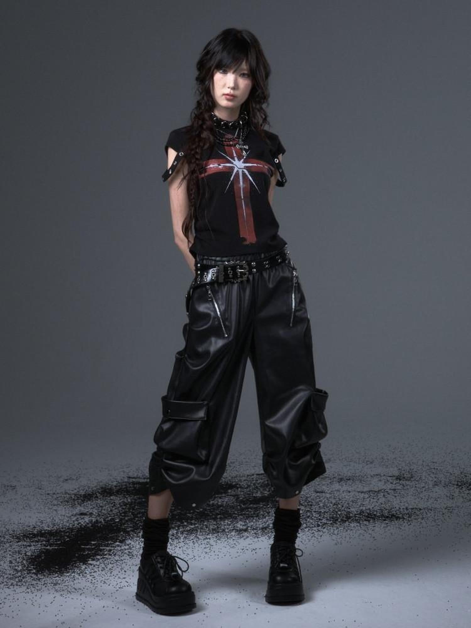 Frustration Garden Stretch Cotton Slim Fit Punk Drawstring Cross Print Women Short Sleeve T-Shirts