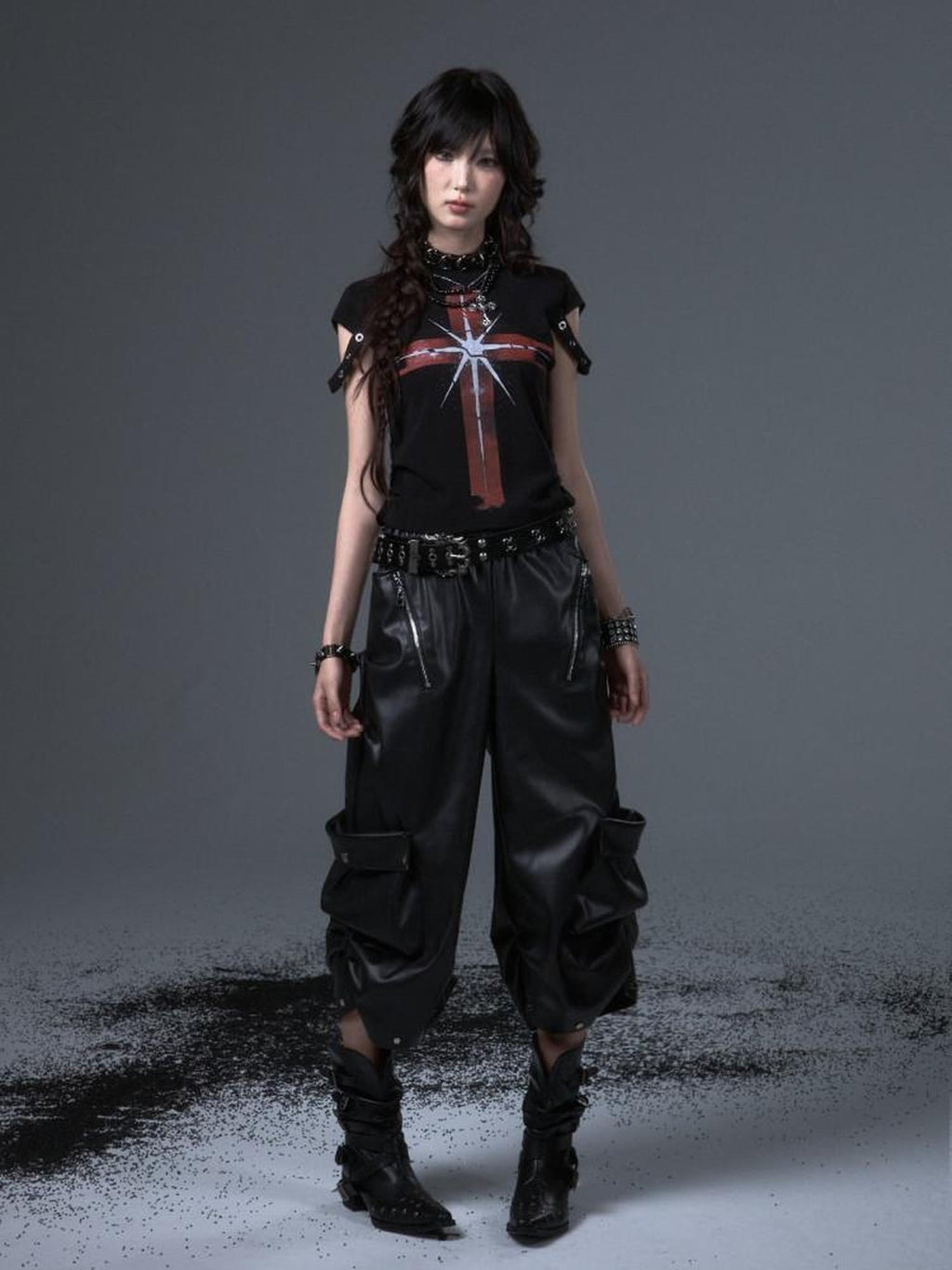Frustration Garden Stretch Cotton Slim Fit Punk Drawstring Cross Print Women Short Sleeve T-Shirts