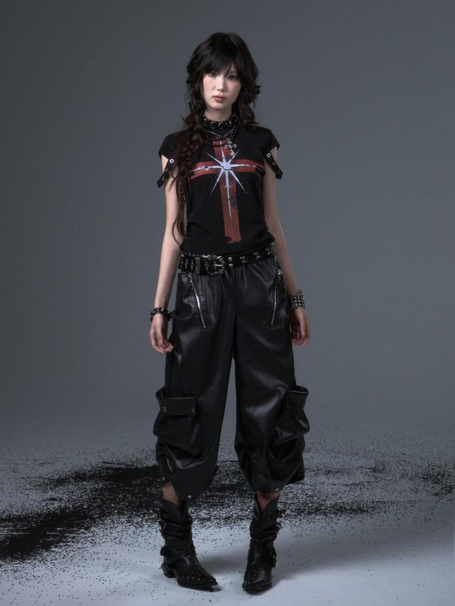 Frustration Garden Stretch Cotton Slim Fit Punk Drawstring Cross Print Women Short Sleeve T-Shirts