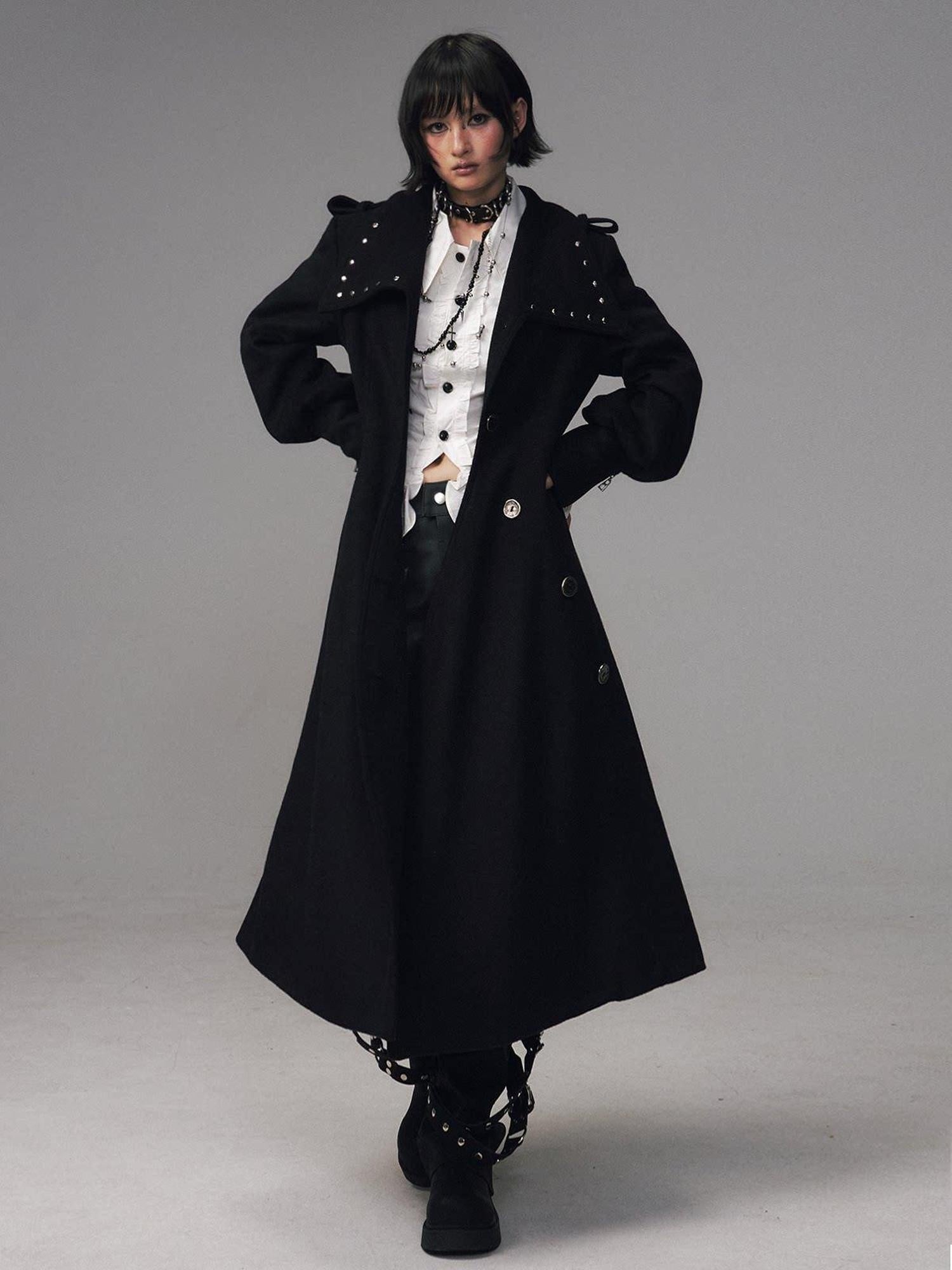 Frustration Garden Studded Asymmetric Slim Vintage Office Wool Blend Black Women Long Coats