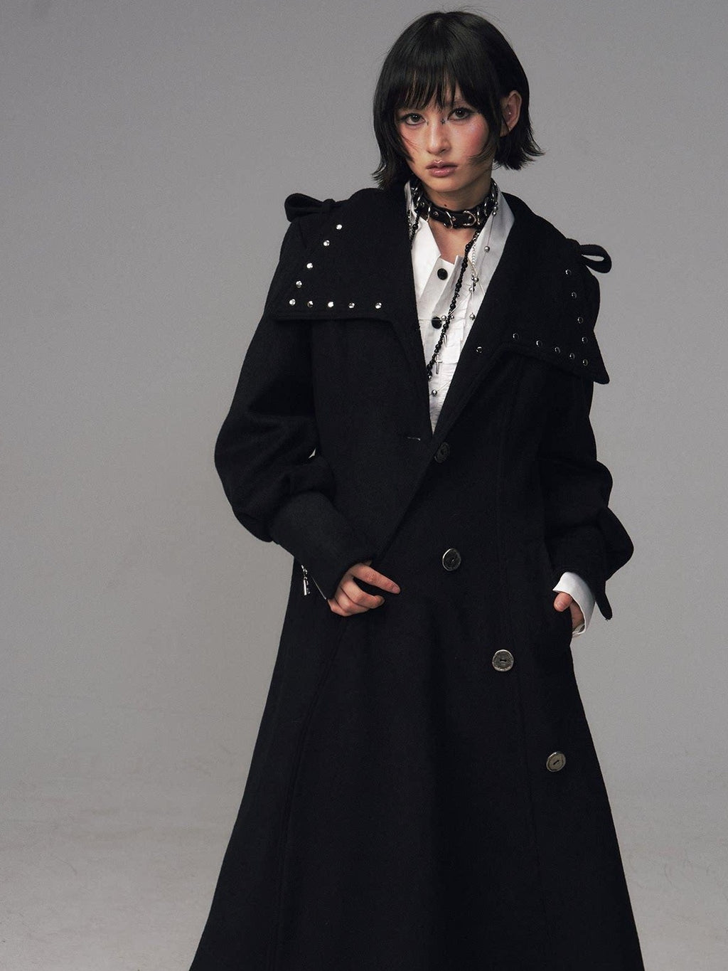 Frustration Garden Studded Asymmetric Slim Vintage Office Wool Blend Black Women Long Coats