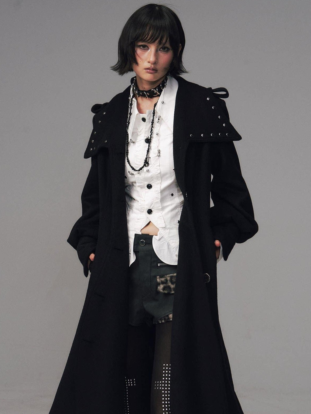 Frustration Garden Studded Asymmetric Slim Vintage Office Wool Blend Black Women Long Coats