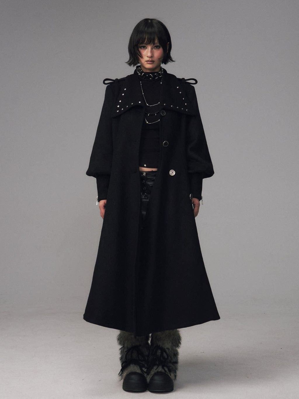 Frustration Garden Studded Asymmetric Slim Vintage Office Wool Blend Black Women Long Coats