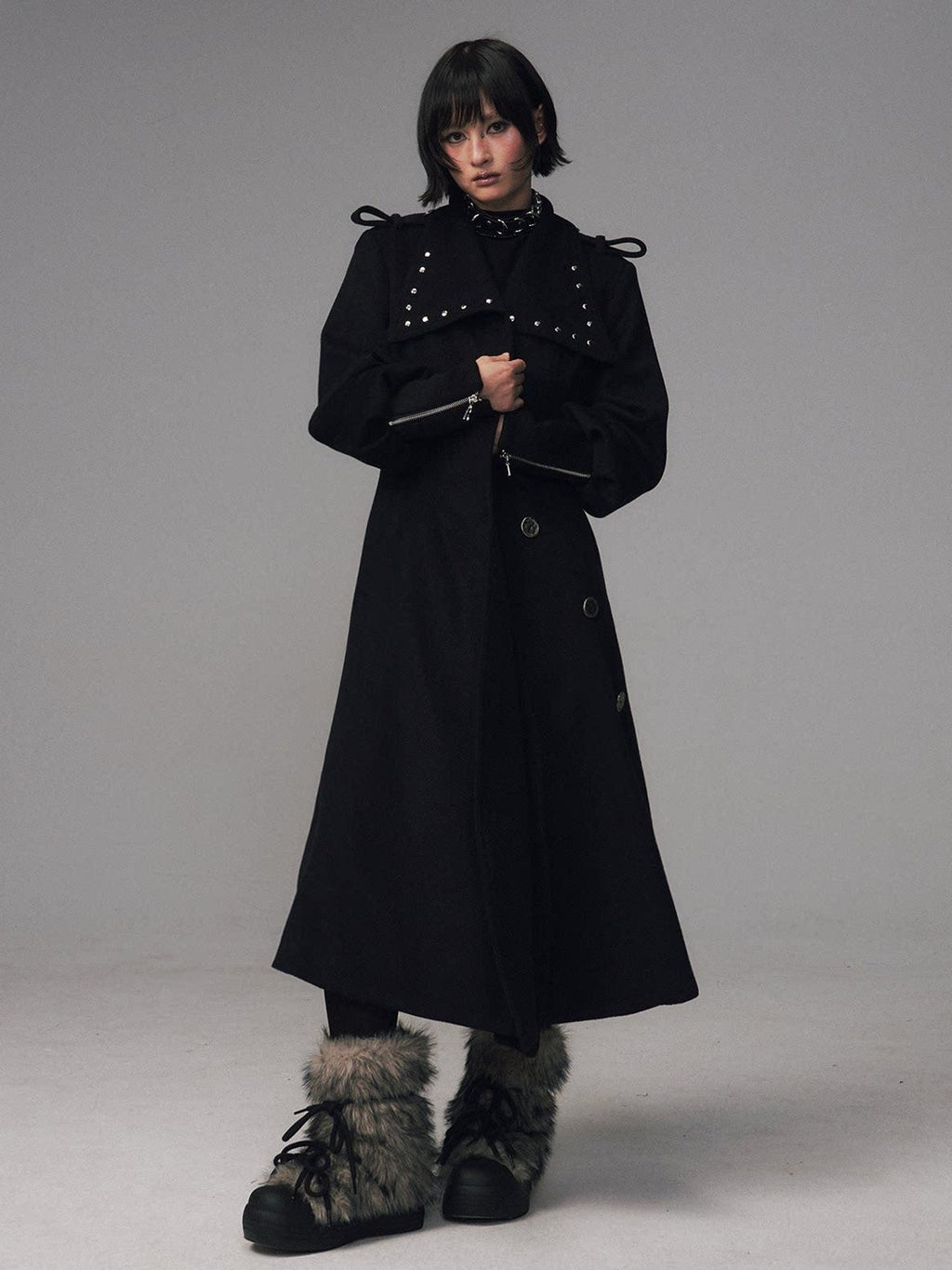 Frustration Garden Studded Asymmetric Slim Vintage Office Wool Blend Black Women Long Coats